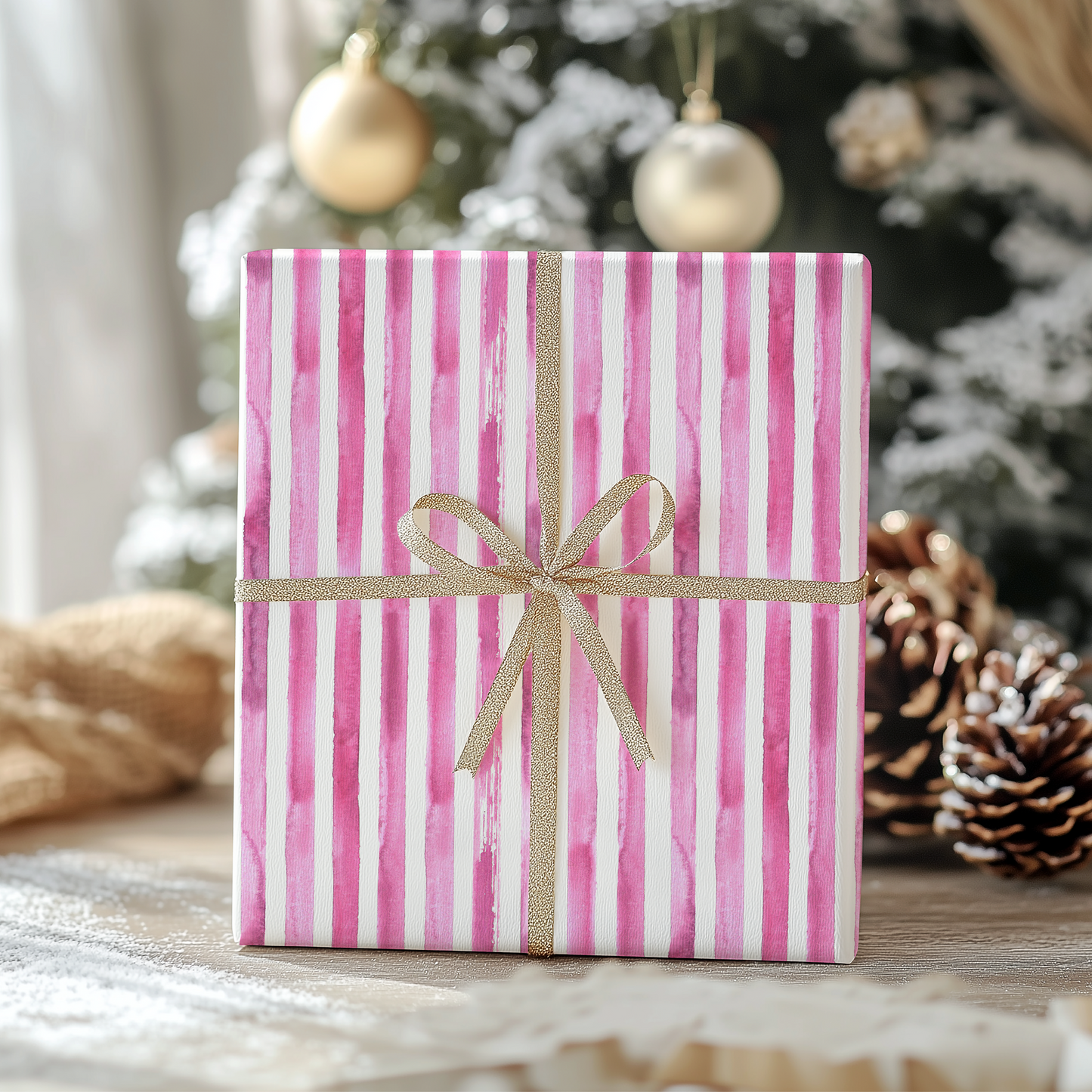 a pink and white striped gift box with a gold bow