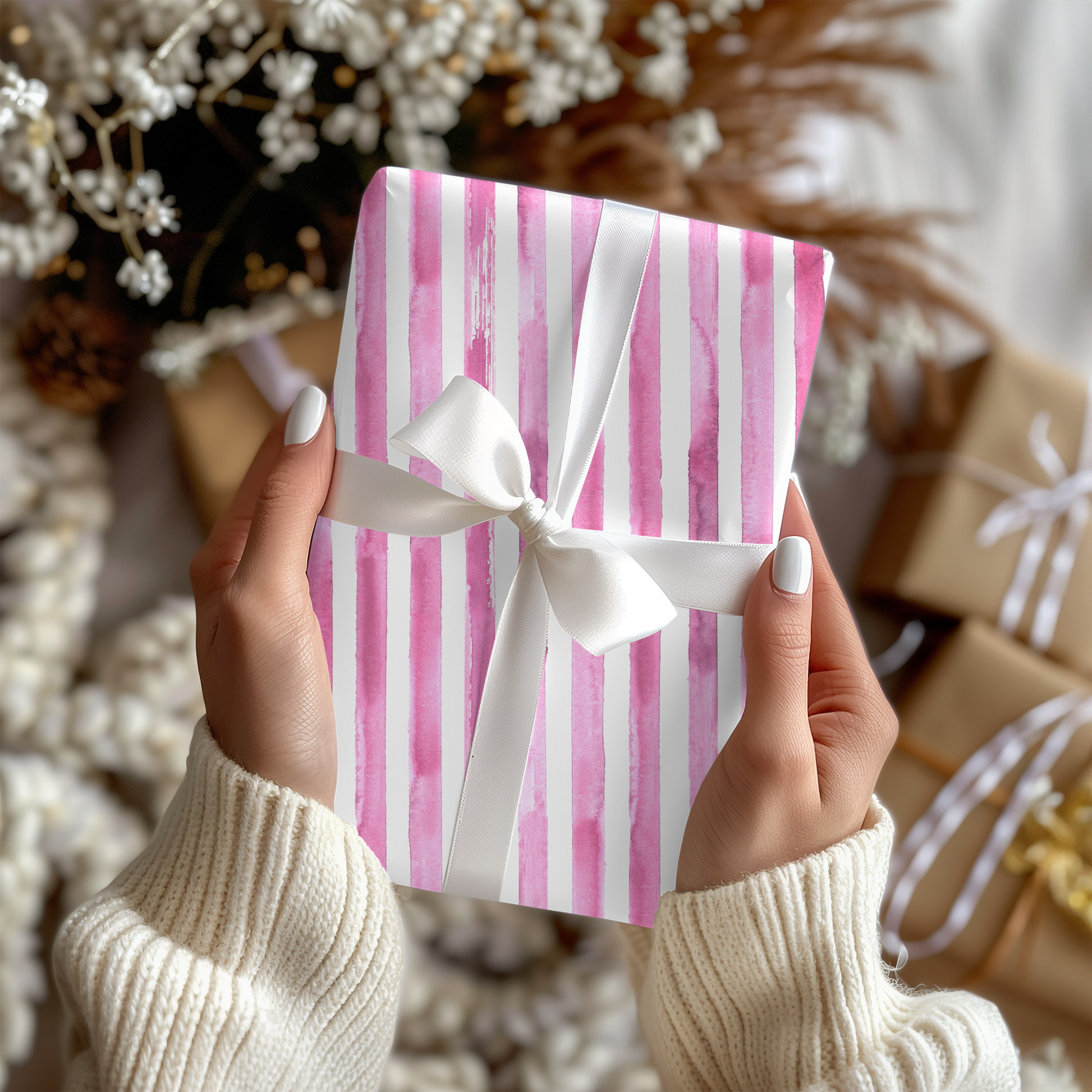 a woman holding a pink and white gift box