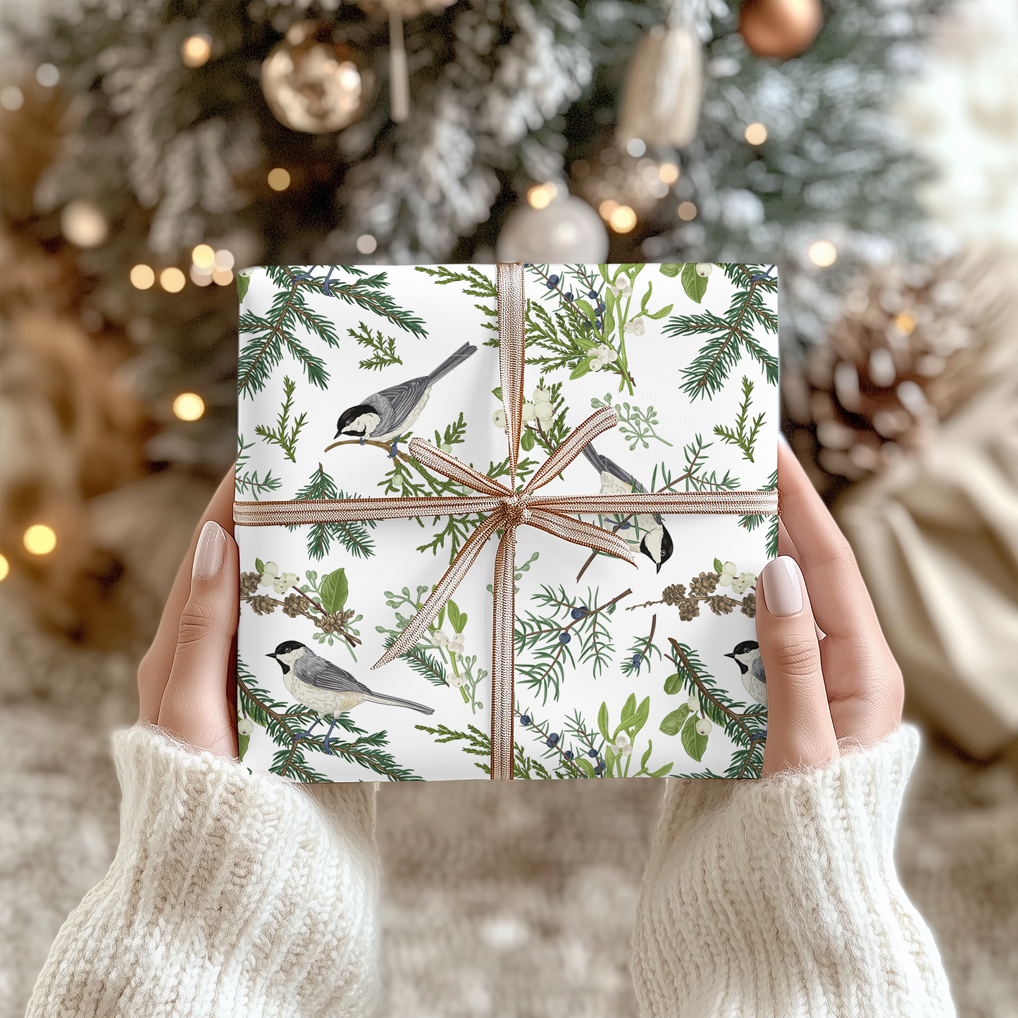 a person holding a wrapped present in front of a christmas tree