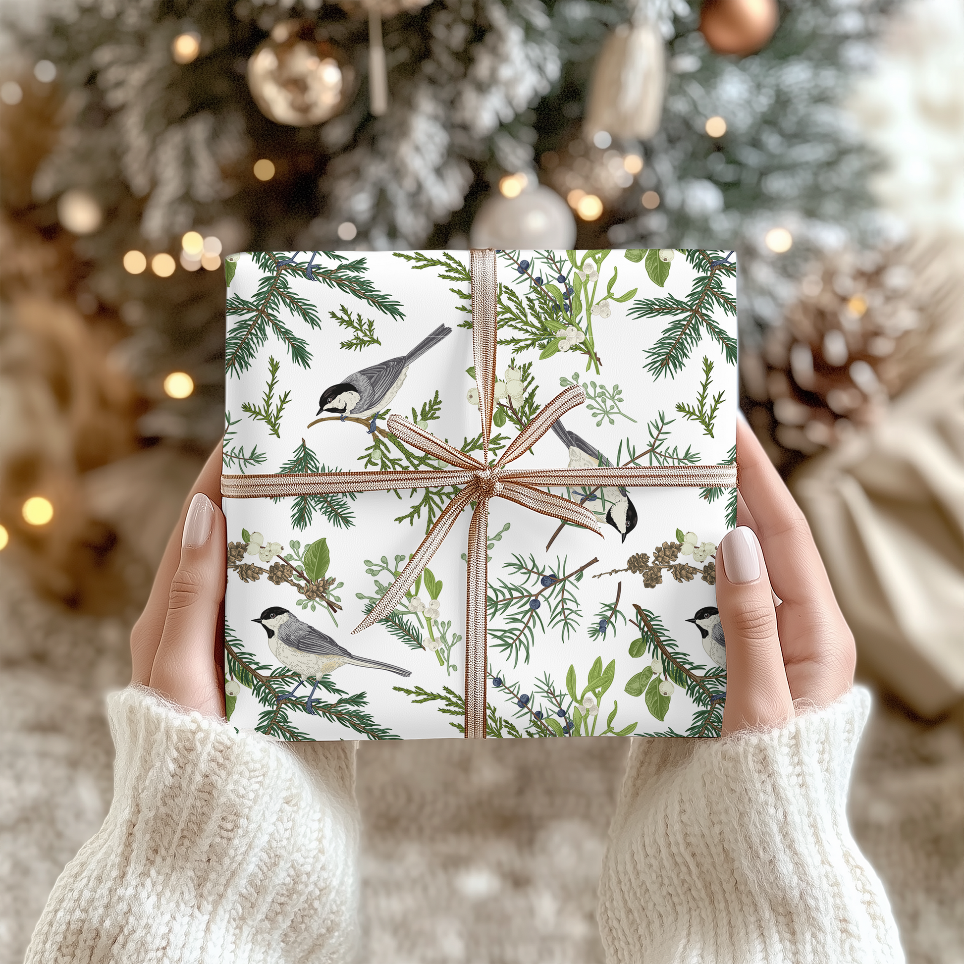 a person holding a wrapped present in front of a christmas tree