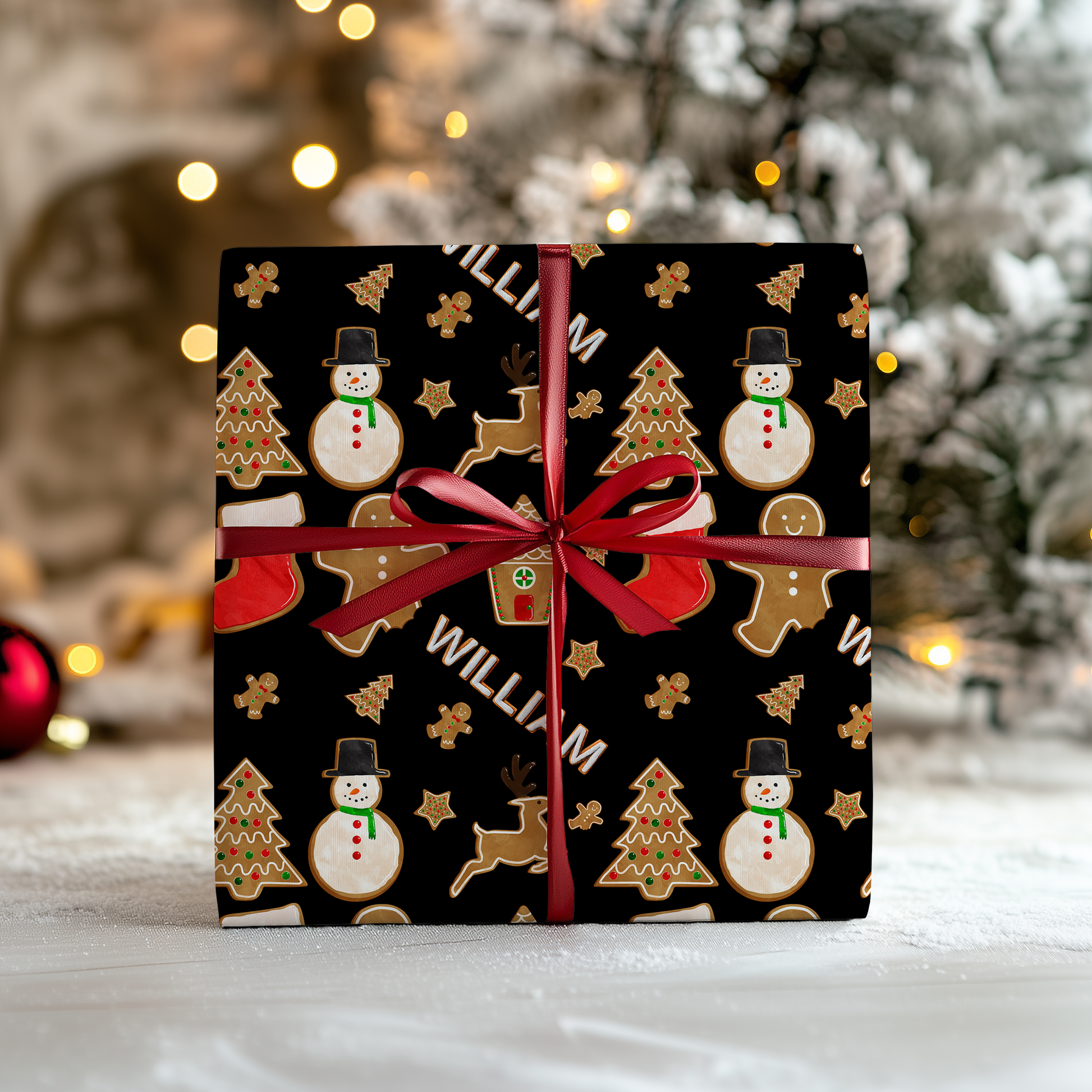 a christmas present wrapped in black paper with a red bow