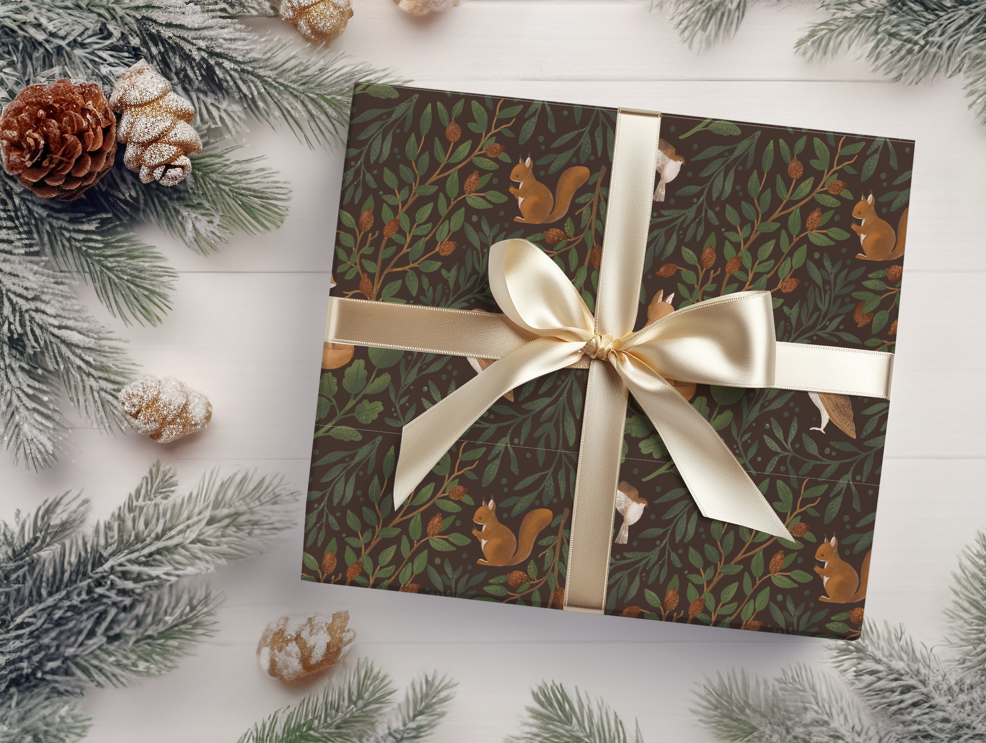 a gift wrapped in a brown wrapping paper with a gold bow