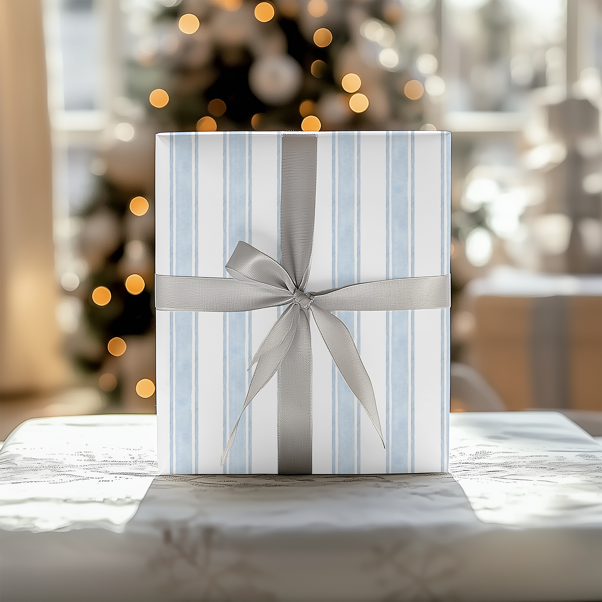 a blue and white gift box with a silver bow