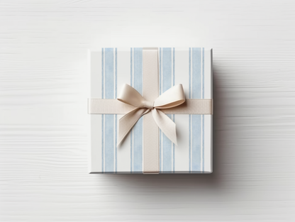 a blue and white striped gift box with a bow