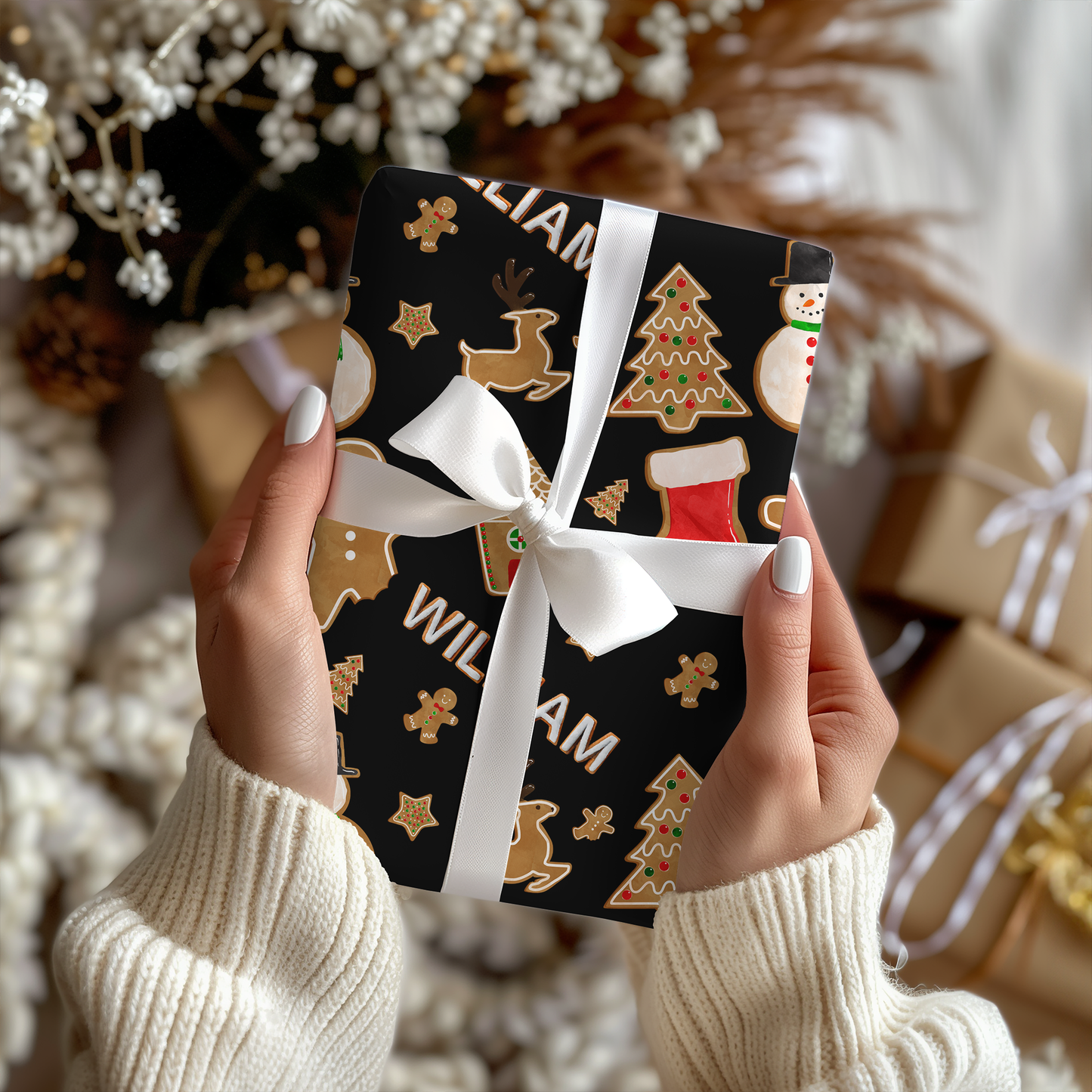 a woman holding a christmas present in her hands