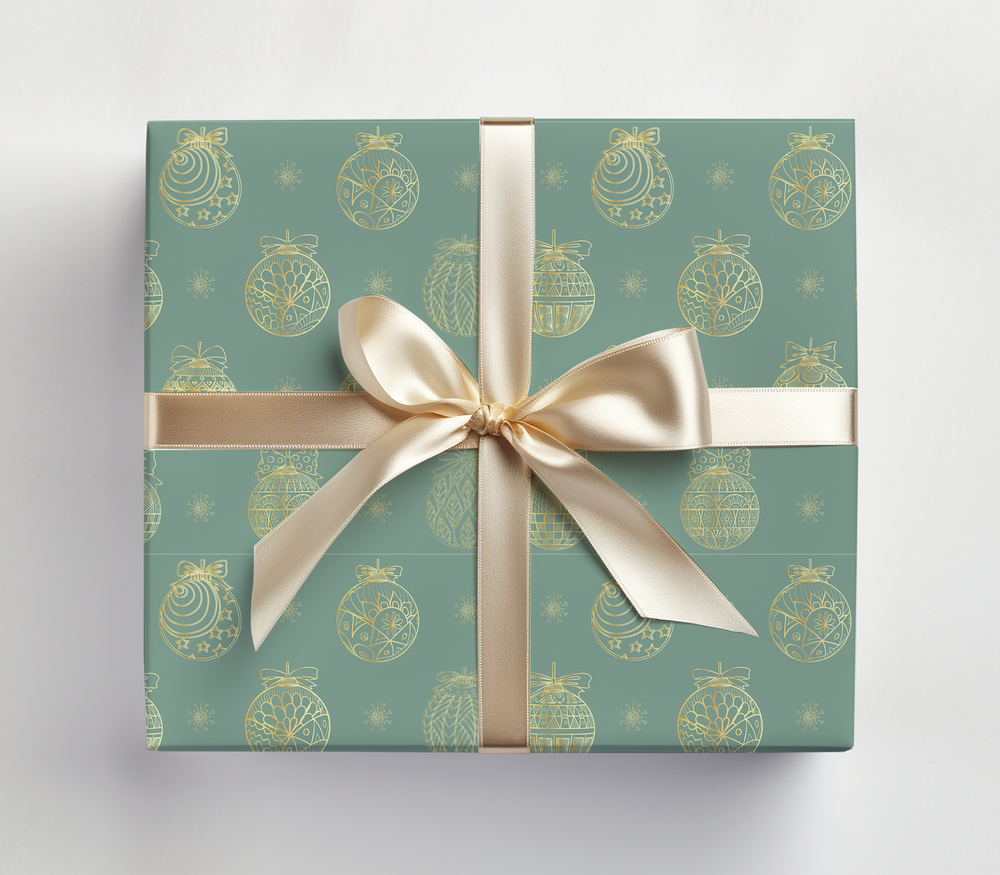 a present wrapped in a green wrapping paper with a gold bow