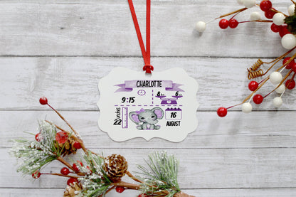 Baby Birth Stat Ornament | Purple Elephant