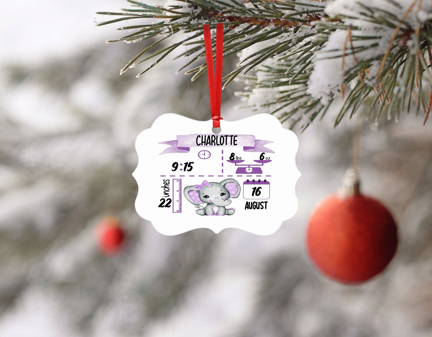 Baby Birth Stat Ornament | Purple Elephant