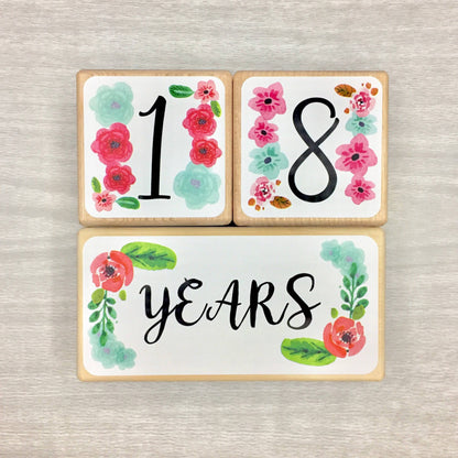 Baby Milestone Blocks - Pink & Aqua Flowers