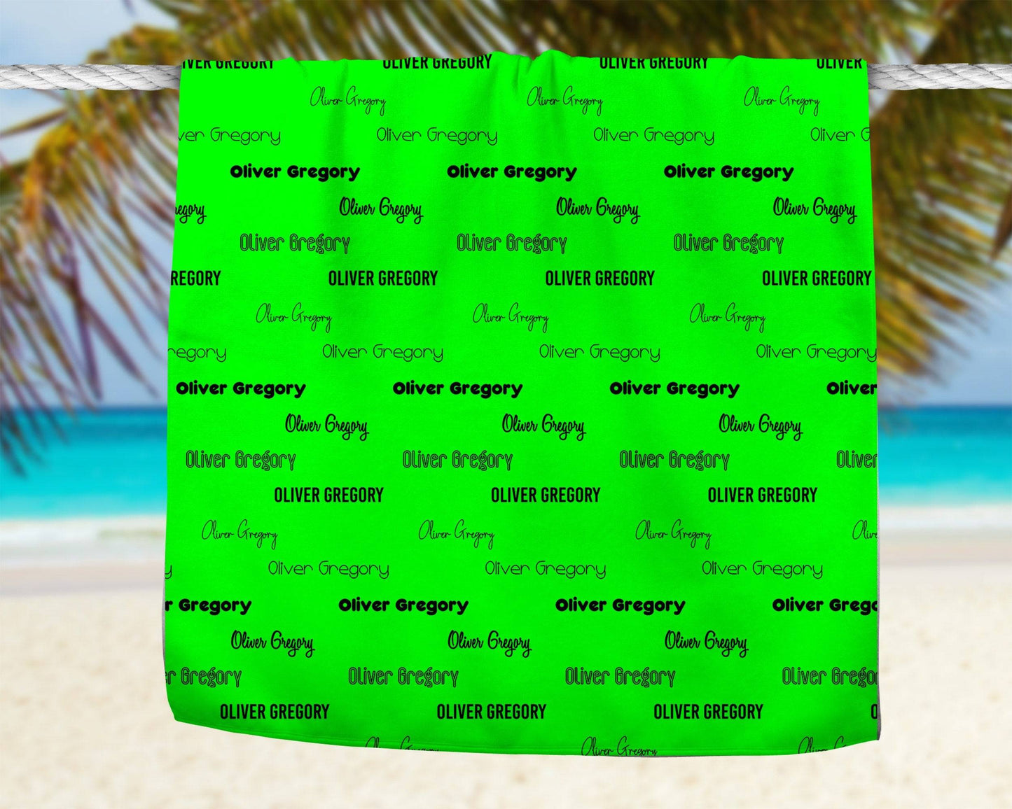Neon Green Repeating Name Personalized Beach Towel