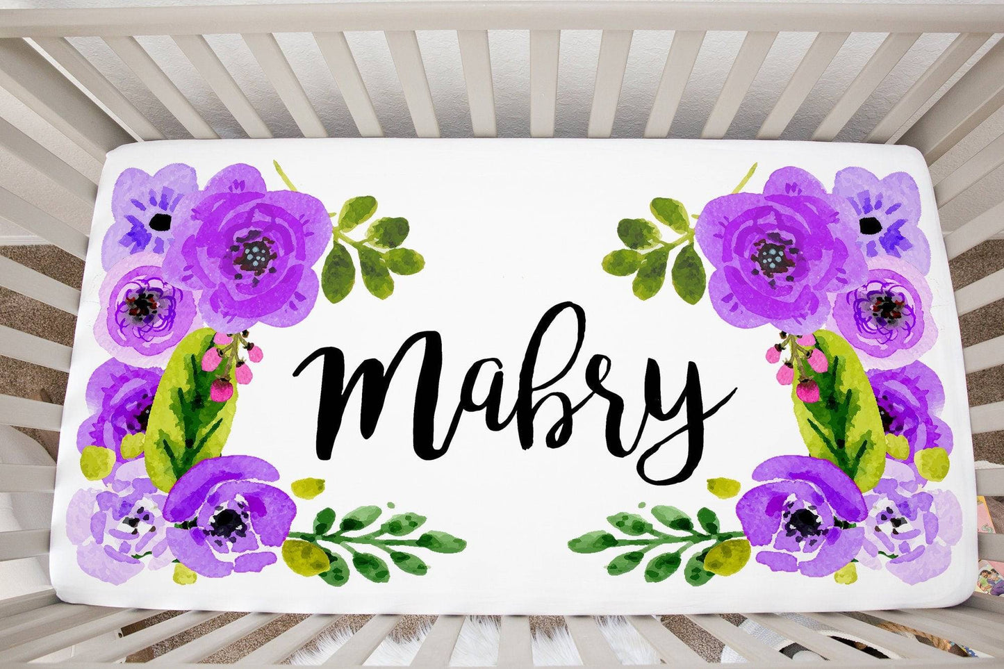 Personalized Purple Floral Crib Sheet