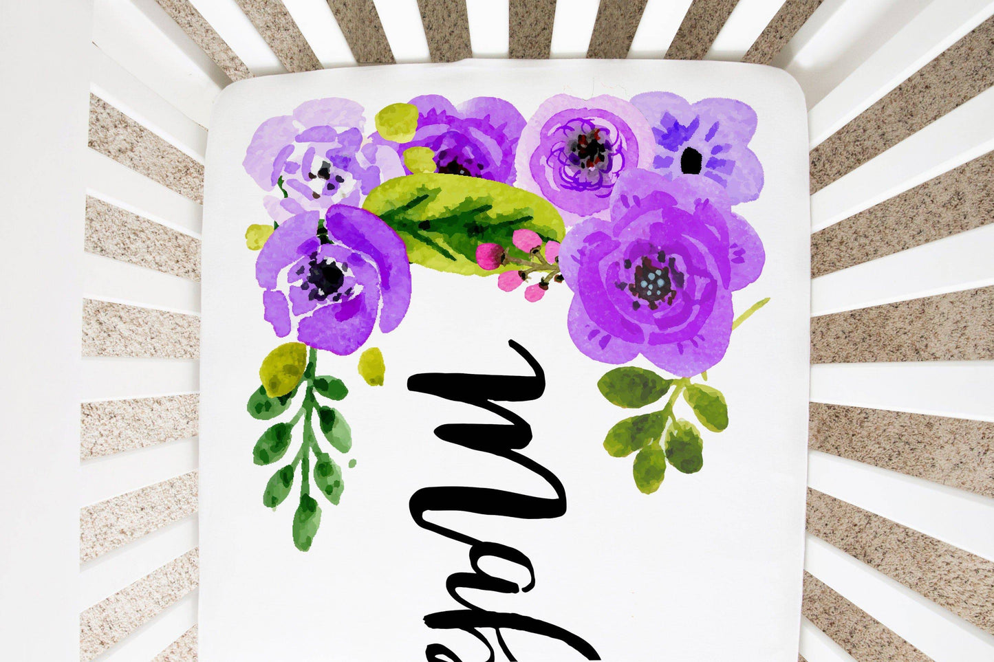 Personalized Purple Floral Crib Sheet
