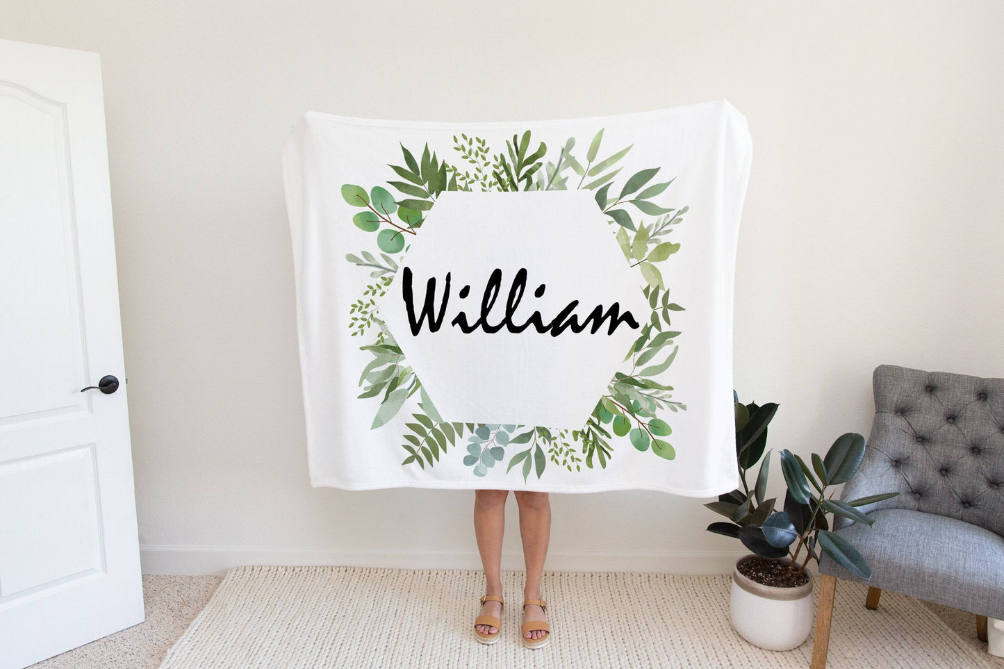 Personalized Tropical Greenery Baby Boy Blanket