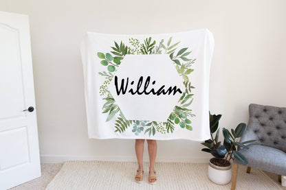 Personalized Tropical Greenery Baby Boy Blanket