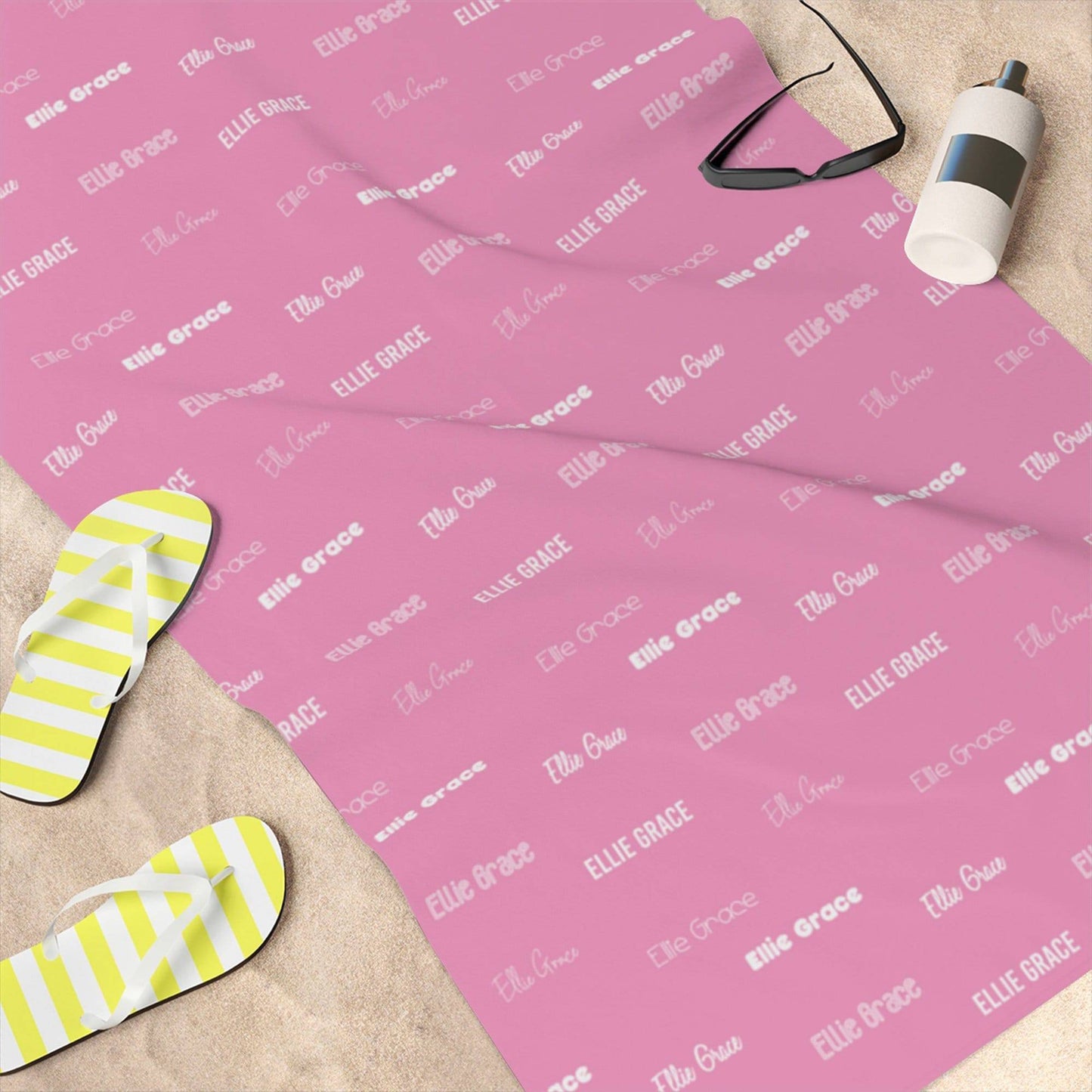 Pink Repeating Name Personalized Beach Towel