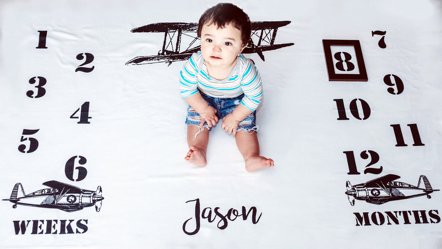 Airplane Baby Milestone Blanket - Baby Boy Gift - Stick'em Up Baby®