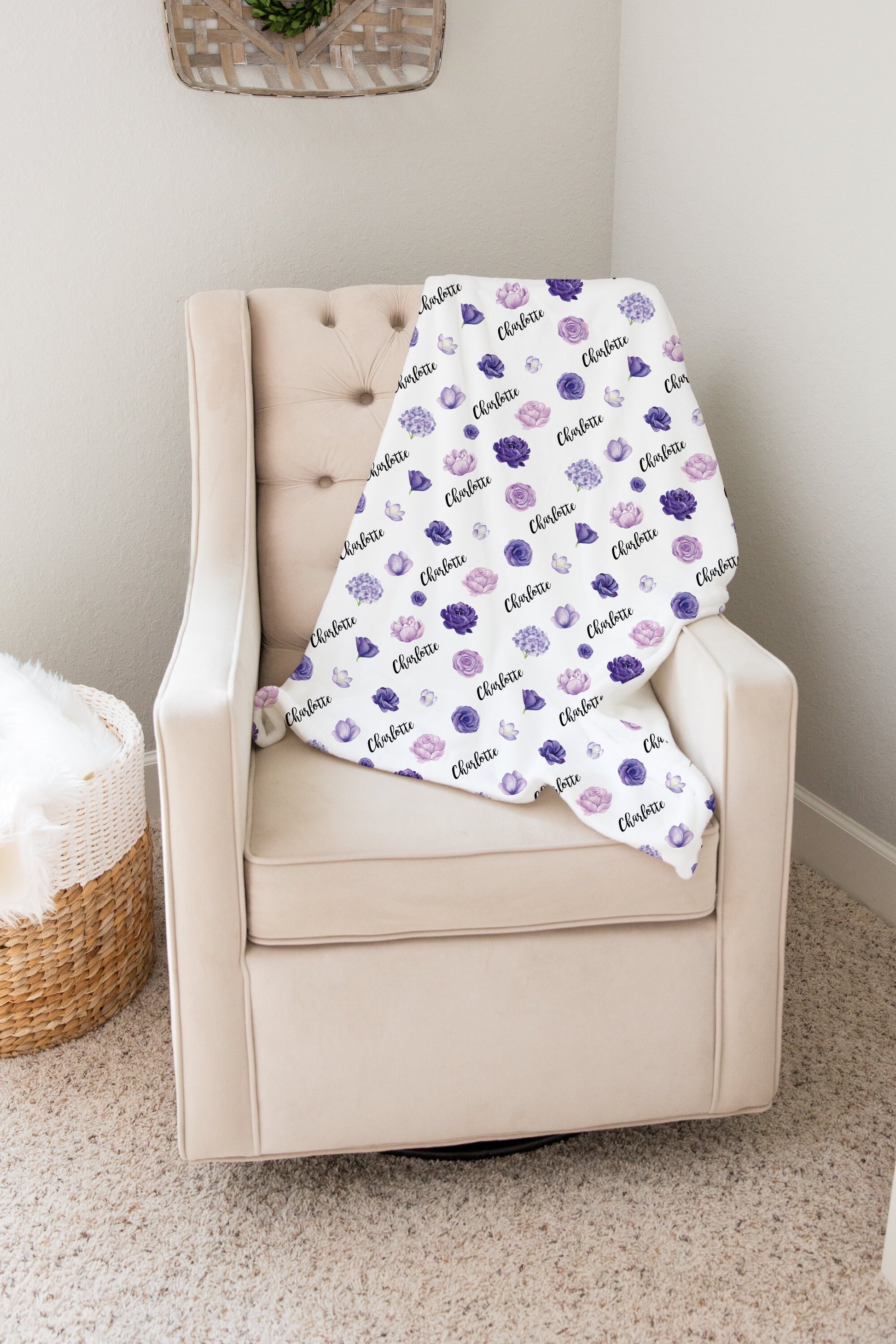 Personalized Floral Baby Blanket | Purple | Name Blanket | Personalized Swaddle Blanket | Baby Girl Gift | New Baby Gift | Receiving Blanket