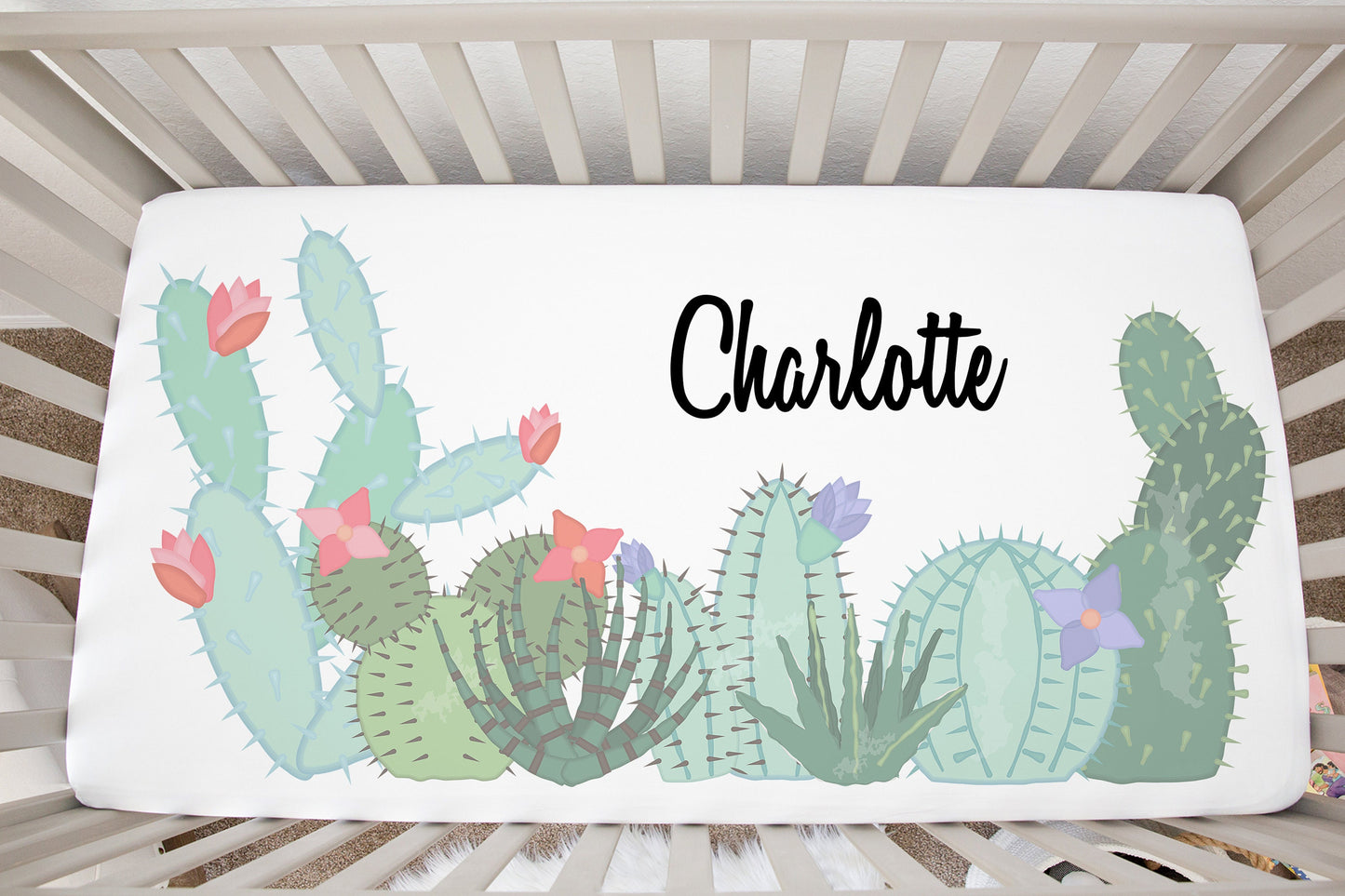 Personalized Cactus Crib Sheet - Baby Girl - Stick'em Up Baby®