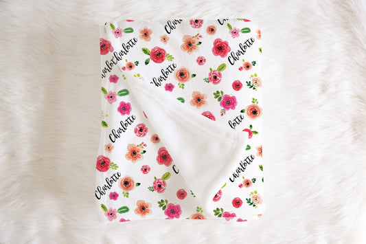 Personalized Girls Baby Blanket | Name Blanket | Watercolor Floral Baby Blanket | Baby Girl Swaddle | Baby Shower Gift | Floral Nursery