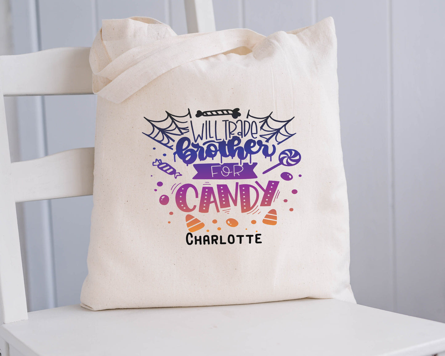 Trick or Treat Bags, Personalized Halloween Bag, Will Trade Brother For Candy Bag, Halloween Treat Bags for Kids, Halloween Gift For Girls