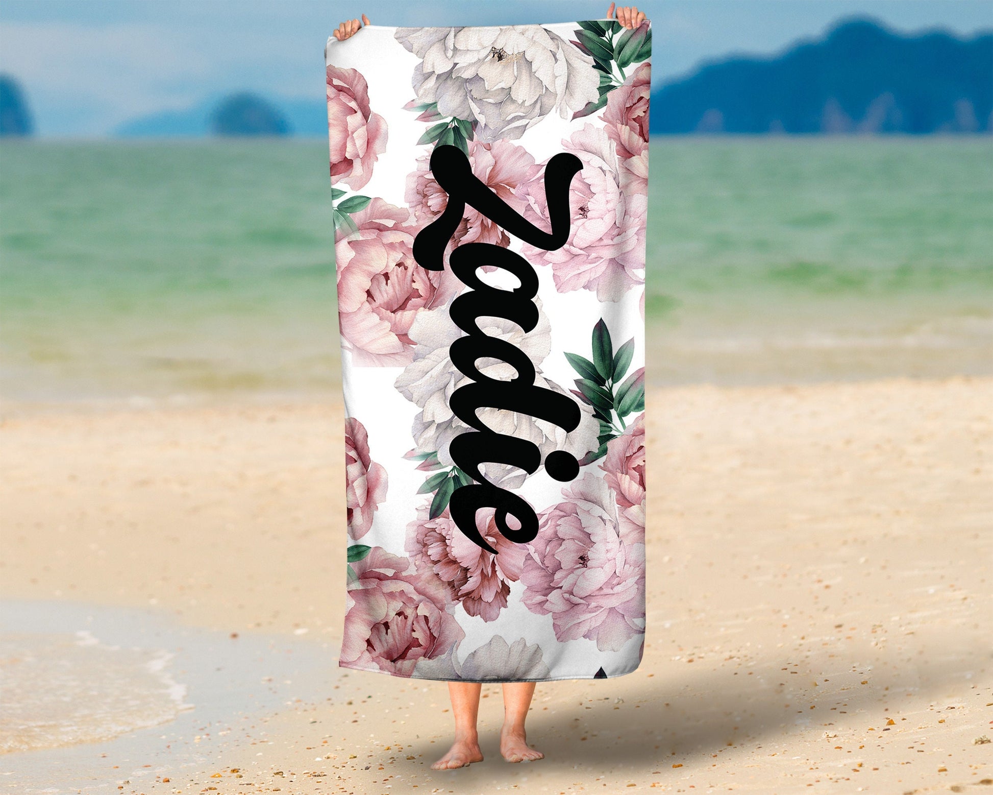 Floral Personalized Beach Towel Girl Custom Pool Towel Personalized Name Birthday Party Favor Pool Party Vacation Bachelorette Birthday Gift