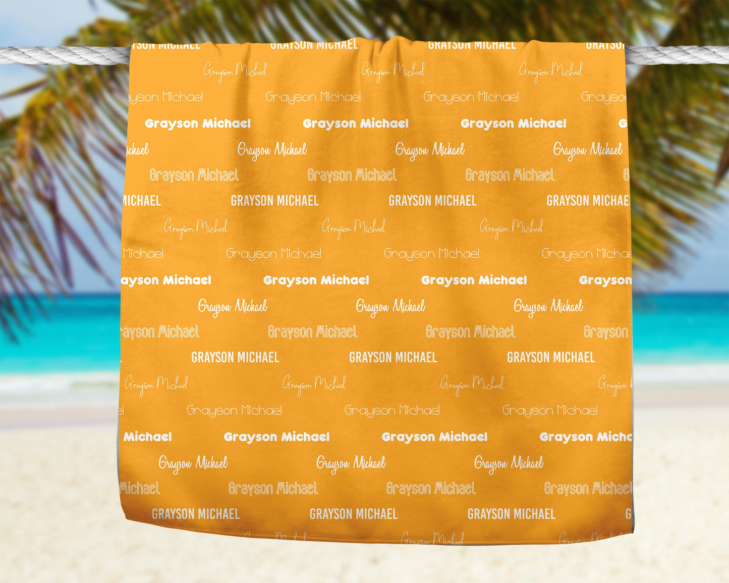 Repeating Name Personalized Beach Towel Orange Custom Pool Towel Personalized Name Birthday Party Favor Pool Party Vacation Birthday Gift