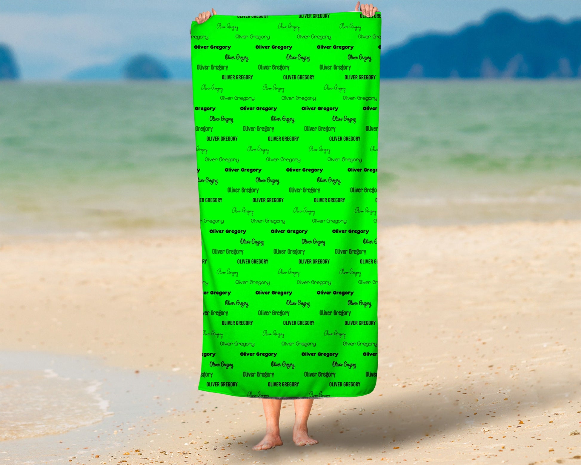 Repeating Name Personalized Beach Towel Neon Green Custom Pool Towel Personalized Name Birthday Pool Party Favor Vacation Birthday Gift