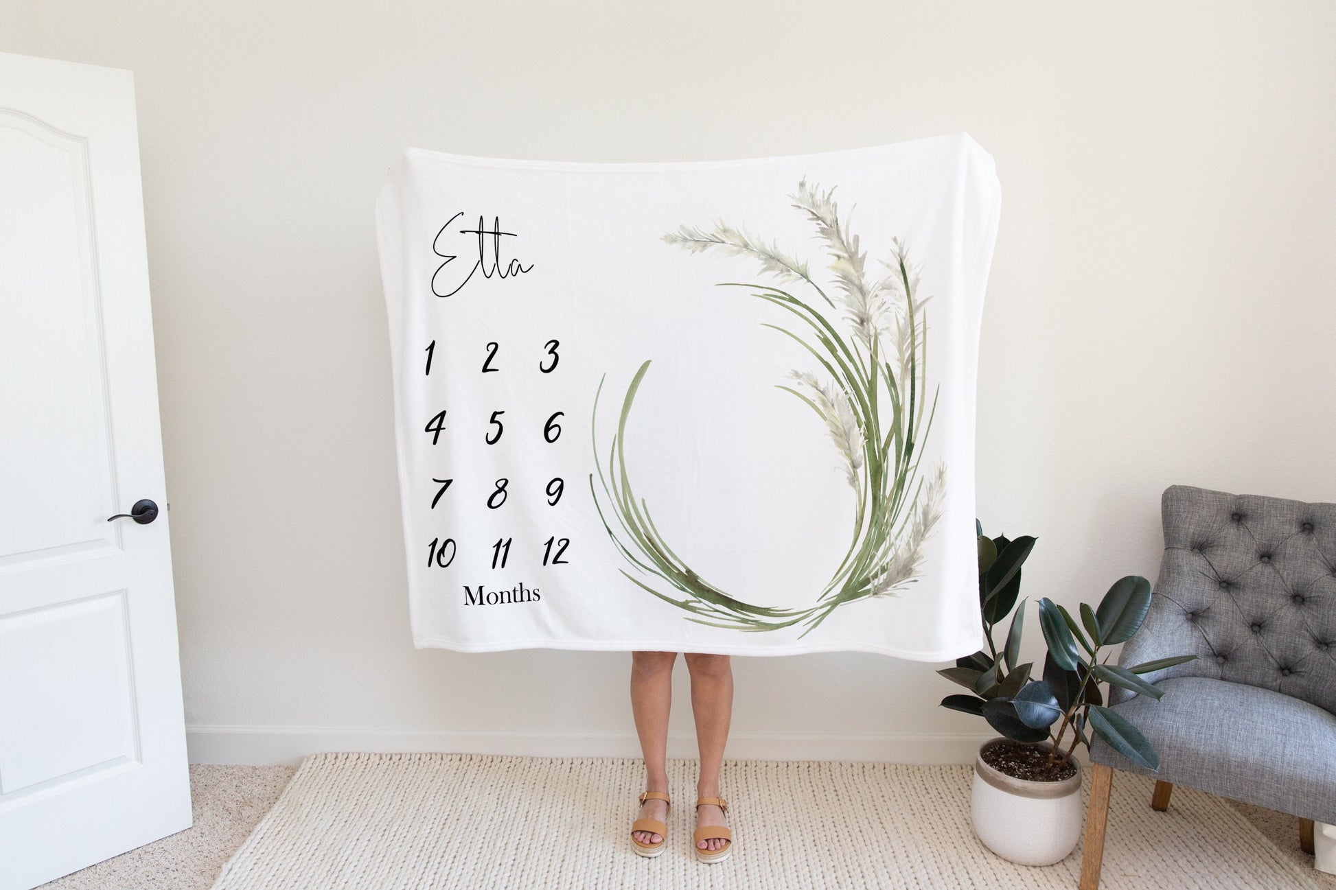 Baby Milestone Blanket - Greenery - Pampas Grass - Watch Me Grow Blanket - Growth Chart - Growth Tracker - Baby Blanket - Neutral Nursery