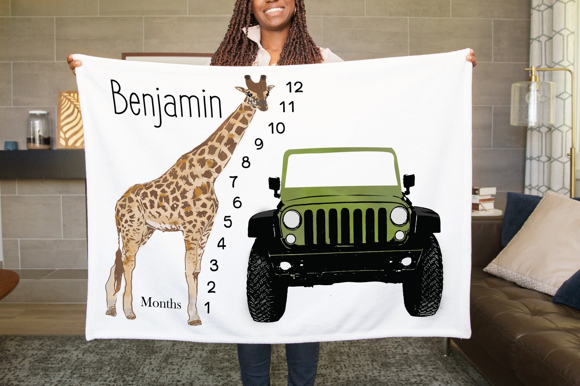 Milestone Blanket for Boys - Safari - Giraffe - Watch Me Grow Blanket - Growth Chart - Growth Tracker - Baby Blanket - Safari Nursery - Zoo