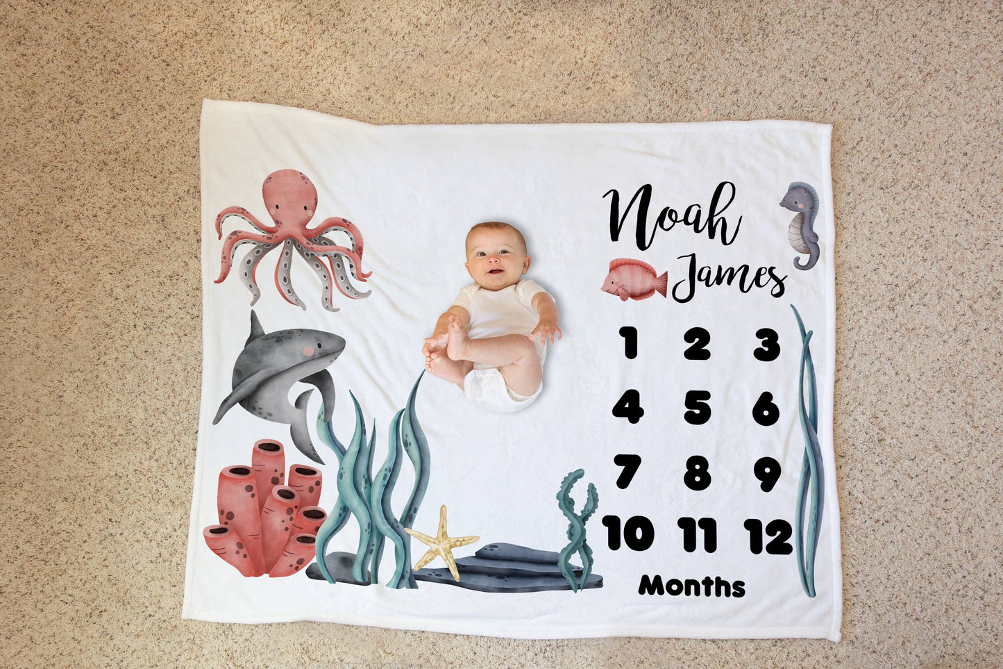 Milestone Blanket for Boys - Ocean - Under the Sea - Watch Me Grow Blanket - Growth Chart - Growth Tracker - Baby Blanket - Ocean Nursery