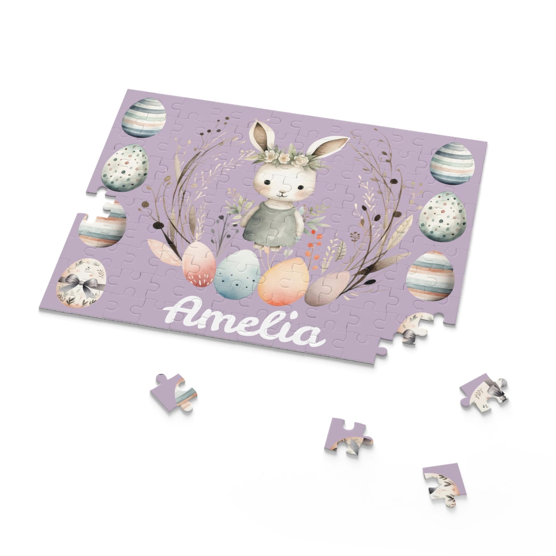 Personalized Easter Puzzle,  a cute girl bunny with Easter eggs and greenery on a purple background