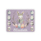 Personalized Easter Puzzle,  a cute girl bunny with Easter eggs and greenery on a purple background